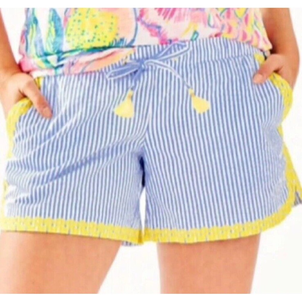 Lilly Pulitzer Size XXS Katia Embroidered Shorts Yellow Blue Peri Swizzle Stripe